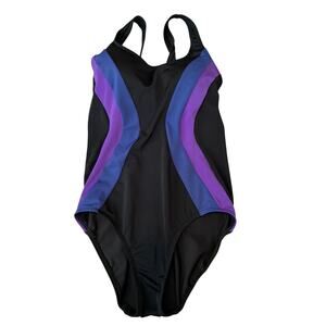 Lands End 1pc Swimsuit Women 8 D Black Purple Blue Stripe Tank Bra Classic